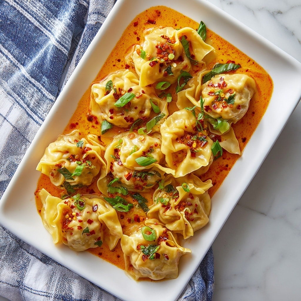 This image shows a white rectangular dish filled with folded wontons arranged in a single layer, each wonton having a light yellow, smooth dough with some crinkles on the edges. The wontons are covered in a rich, creamy orange sauce that has a slightly oily texture, pooling around the dumplings. On top of the wontons and sauce, there are scattered pieces of red chili flakes, thin green slices of scallion, and finely chopped green herbs, adding pops of color and texture. The dish sits on a white marbled surface. Photo taken with an iphone --ar 4:5 --v 7