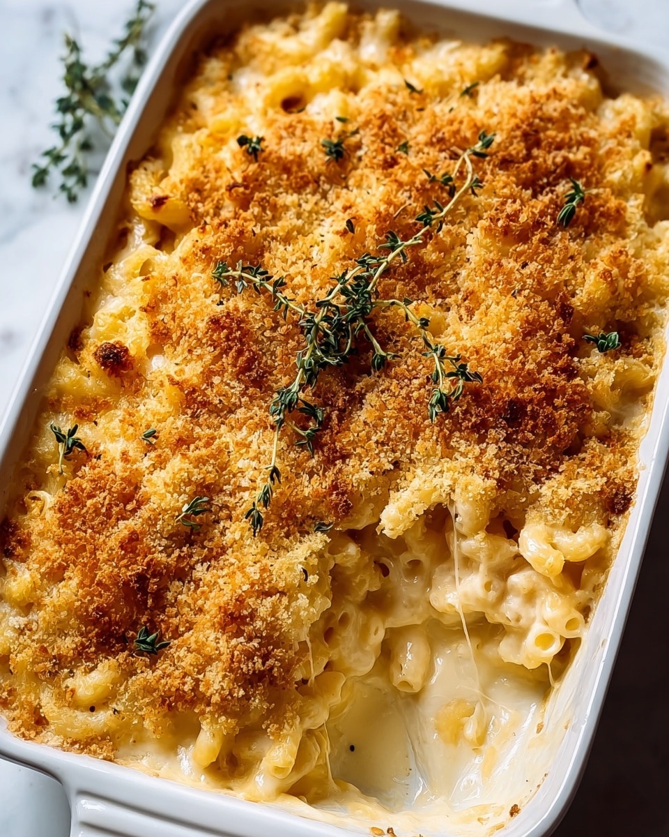 A white rectangular baking dish filled with creamy macaroni and cheese, showing three main layers: the bottom layer is soft cooked pasta with melted cheese, the middle layer is thick white cheese sauce visibly coating each pasta piece, and the top layer is a golden brown crunchy breadcrumb crust that covers the whole surface evenly, with some browned spots and sprinkles of fresh green thyme leaves for garnish. Part of the dish has been scooped out from one corner, revealing melted stretchy cheese underneath, and the dish is placed on a white marbled surface. photo taken with an iphone --ar 4:5 --v 7