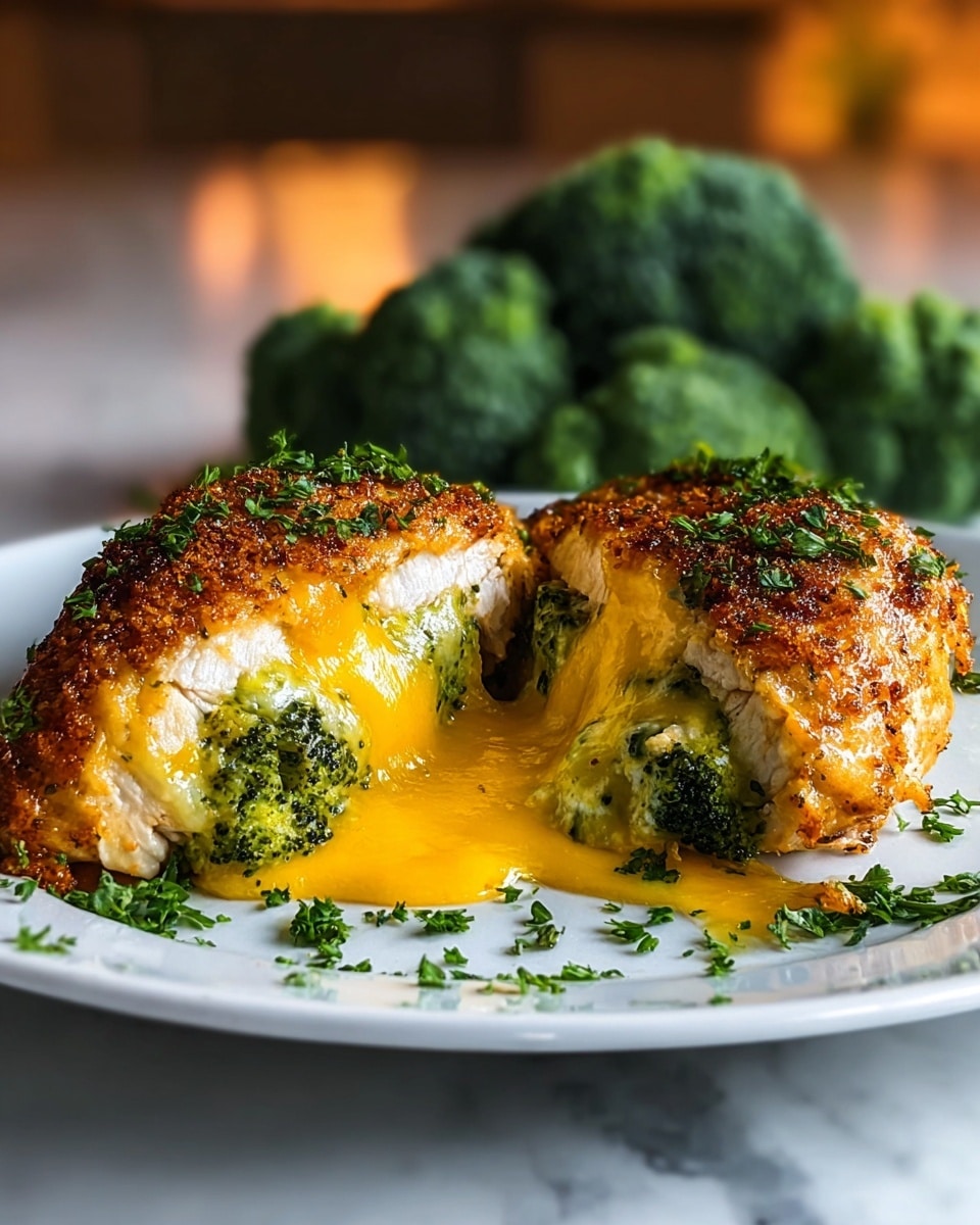 A golden brown, crispy chicken breast is cut open to reveal a gooey, bright yellow melted cheese layer mixed with green broccoli florets inside. The chicken’s outer layer is speckled with small green herb bits, and fresh chopped parsley is sprinkled on top and around the base on a white plate. In the background, several vibrant green broccoli heads sit blurred against a soft, warm light. The plate rests on a white marbled surface, giving the dish a clean and elegant look. photo taken with an iphone --ar 4:5 --v 7