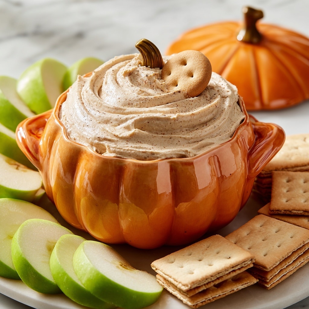 A deep layer of smooth, light brown cream with a slightly swirled texture sits on top of a pumpkin-shaped orange ceramic bowl with two small handles. The bowl is placed on a white marbled surface, surrounded by bright green apple slices and square beige crackers, one topped with a small round, light brown cookie. The creamy layer looks fluffy and dusted with tiny darker specks, giving it a spiced appearance. In the background, there is a matching orange ceramic lid. Photo taken with an iphone --ar 4:5 --v 7