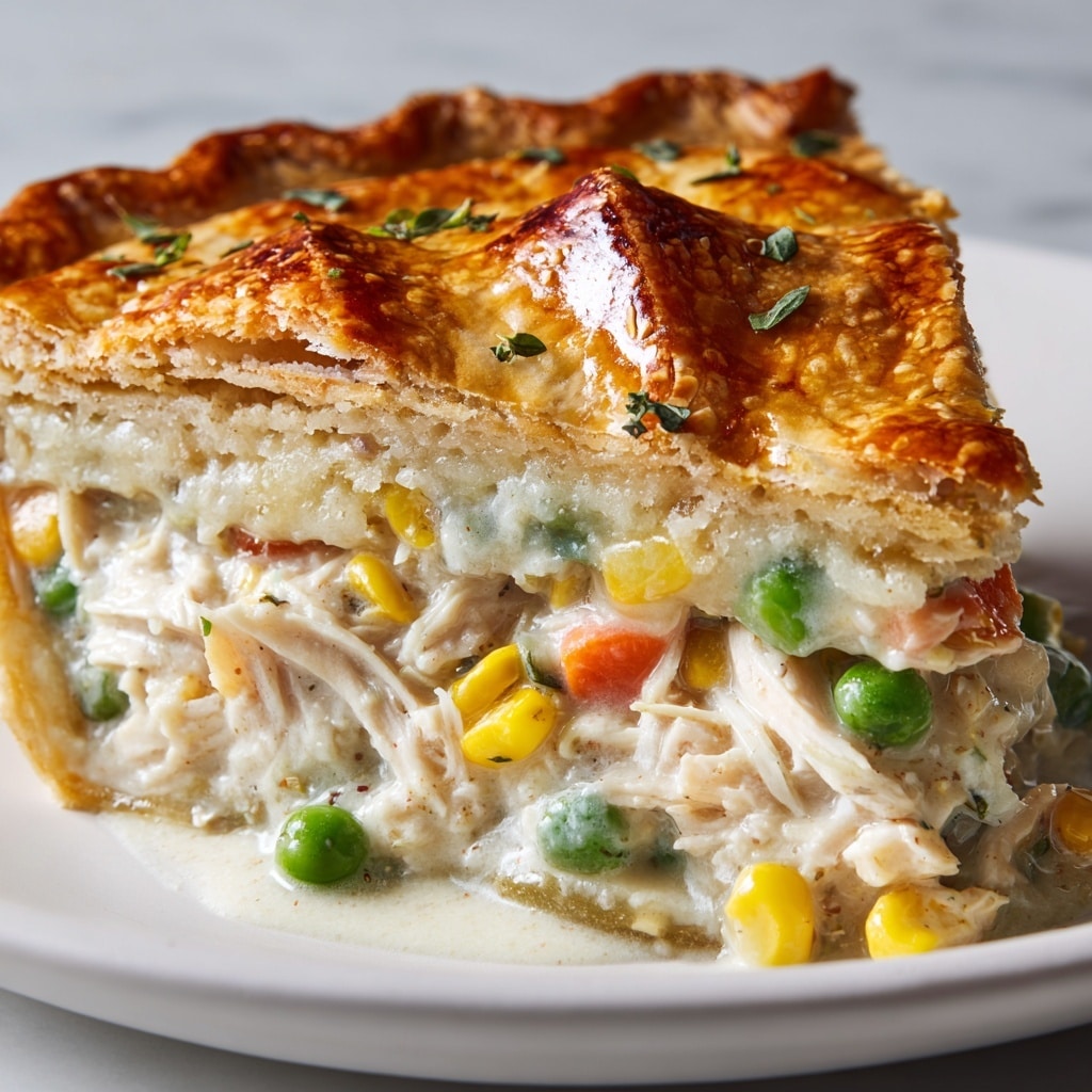 A close-up of a thick slice of chicken pot pie on a white plate shows three main layers: the top is a golden, flaky crust with a slightly shiny and crinkled texture, lightly sprinkled with small green herb leaves. Below the crust is a creamy white sauce mixed with chunks of cooked chicken, bright green peas, orange carrot pieces, and yellow corn kernels, all evenly spread. The bottom layer is a slightly visible flaky crust supporting the rich filling. The plate sits on a white marbled surface. photo taken with an iphone --ar 4:5 --v 7