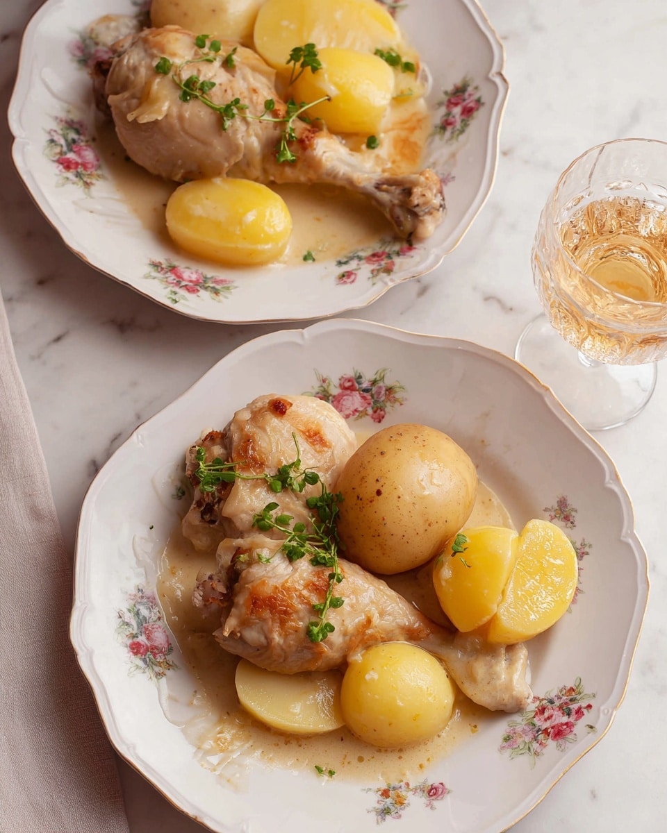 Two white plates with scalloped edges and floral patterns hold a meal of cooked chicken drumsticks, boiled potatoes, and sliced yellow potatoes in a creamy sauce. Each plate shows one drumstick with golden-brown skin covered in a light, onion-based cream sauce topped with a small green herb sprig. Next to the chicken, two whole pale brown boiled potatoes sit upright, with some slices of yellow potatoes laid beside them partially covered in the sauce. The plates rest on a white marbled surface, with a glass of light golden drink to the right side of the frame. photo taken with an iphone --ar 4:5 --v 7