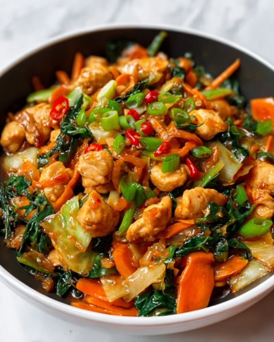The image shows a close-up of a white bowl filled with a colorful stir-fry dish. The dish has several layers, starting with small, light brown chunks of cooked chicken mixed evenly throughout. On top of the chicken, there are bright orange carrot slices, leafy green spinach, and pieces of light-colored cabbage that add texture and color contrast. Scattered on the top are fresh green onion pieces that add a pop of bright green color. The vegetables and chicken are coated with a shiny, light brown sauce, giving them a glossy look. The bowl sits on a white marbled surface, and you can see a woman's hand holding chopsticks gently picking up some of the food. photo taken with an iphone --ar 4:5 --v 7