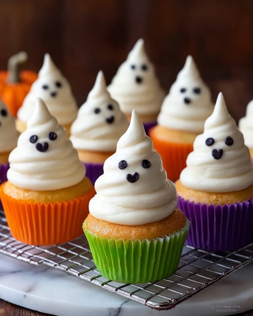 A group of seven vanilla cupcakes sit on a metal cooling rack on a white marbled surface, each in bright colored wrappers including orange, green, and purple. Each cupcake has a swirl of white frosting shaped like a tall, pointed ghost with a smooth, creamy texture. The frosting has small round black eyes and a curved mouth made from chocolate or similar, giving each cupcake a cute ghost face. The cupcakes are arranged with some in the front and some behind, showing a mix of smiling and neutral ghost expressions. The background is softly blurred with dark and wooden tones. Photo taken with an iphone --ar 4:5 --v 7