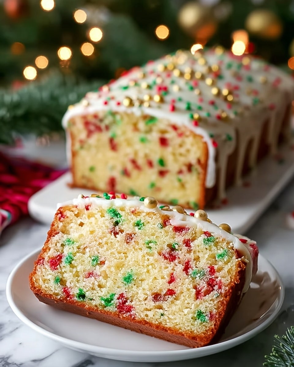 A loaf cake is shown sliced on a white plate, revealing a soft, light yellow crumb with red and green sprinkles mixed inside. The top of the cake is covered with a smooth white glaze that drips slightly down the sides. More red, green, and a few gold sprinkles are scattered on the glaze, adding a festive look. The cake has a firm golden-brown crust around the edges. The background shows blurred warm lights and hints of holiday decorations, with a white marbled surface beneath the plate. Photo taken with an iphone --ar 4:5 --v 7
