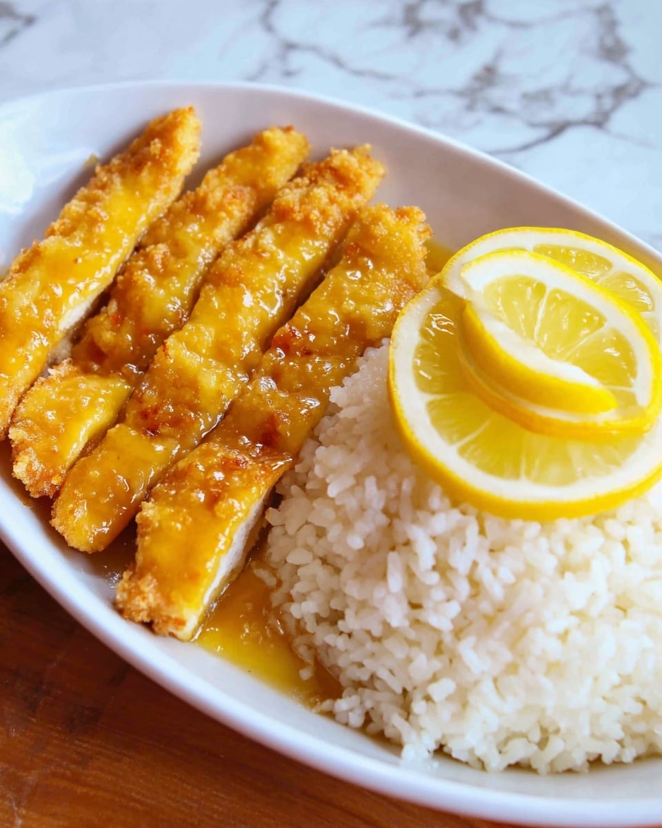 A white bowl contains a dish with two main parts: on the right side, there is a mound of soft, white rice with a fluffy texture, while on the left side, there are golden-yellow glazed chicken strips arranged in one layer, with the glaze giving them a shiny and smooth look. Two thin lemon slices with a bright yellow peel and pale inner flesh are placed on top of the rice and chicken for garnish. The bowl sits on a white marbled surface. Photo taken with an iphone --ar 4:5 --v 7