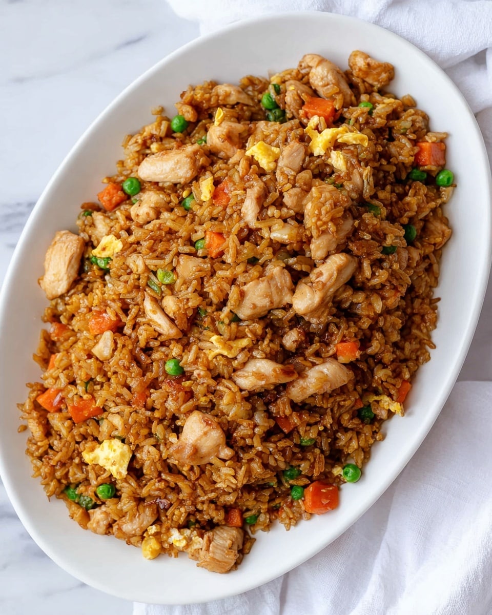 A mound of fried rice is served on a white oval plate placed on a white marbled surface. The dish has three main layers: at the base are grains of rice cooked to a light brown color, mixed evenly with small diced orange carrots and green peas adding pops of bright color. Scattered throughout are small pieces of cooked chicken, light beige with some golden brown edges, adding texture and substance. The top layer contains bits of scrambled egg, golden yellow and slightly crispy, blending with the other ingredients to create a fresh, vibrant look. The rice grains appear moist yet separate, with a slight gloss from the sauce coating the dish. Photo taken with an iphone --ar 4:5 --v 7