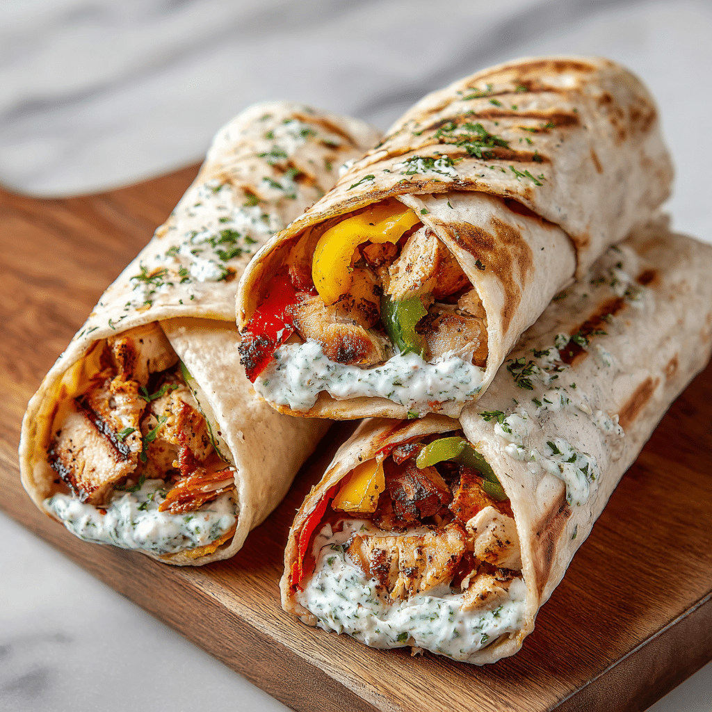The image shows three wraps filled with grilled chicken pieces, green, red, and yellow bell peppers. The wraps are soft, lightly charred with brown spots, and spread with a white sauce mixed with green herbs on top. The fresh green herbs are also sprinkled over the wraps. The wraps are placed close together on a wooden board with a white marbled surface in the background. photo taken with an iphone --ar 4:5 --v 7
