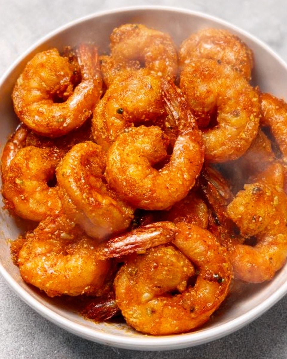 A close-up view of a white bowl filled with cooked shrimp. The shrimp are arranged tightly, creating a single layer that covers the entire bowl. Each shrimp is orange-brown with a slightly shiny, crispy texture, and steam rises gently from the hot shrimp. The background features a white marbled surface, keeping the focus on the shrimp. photo taken with an iphone --ar 4:5 --v 7