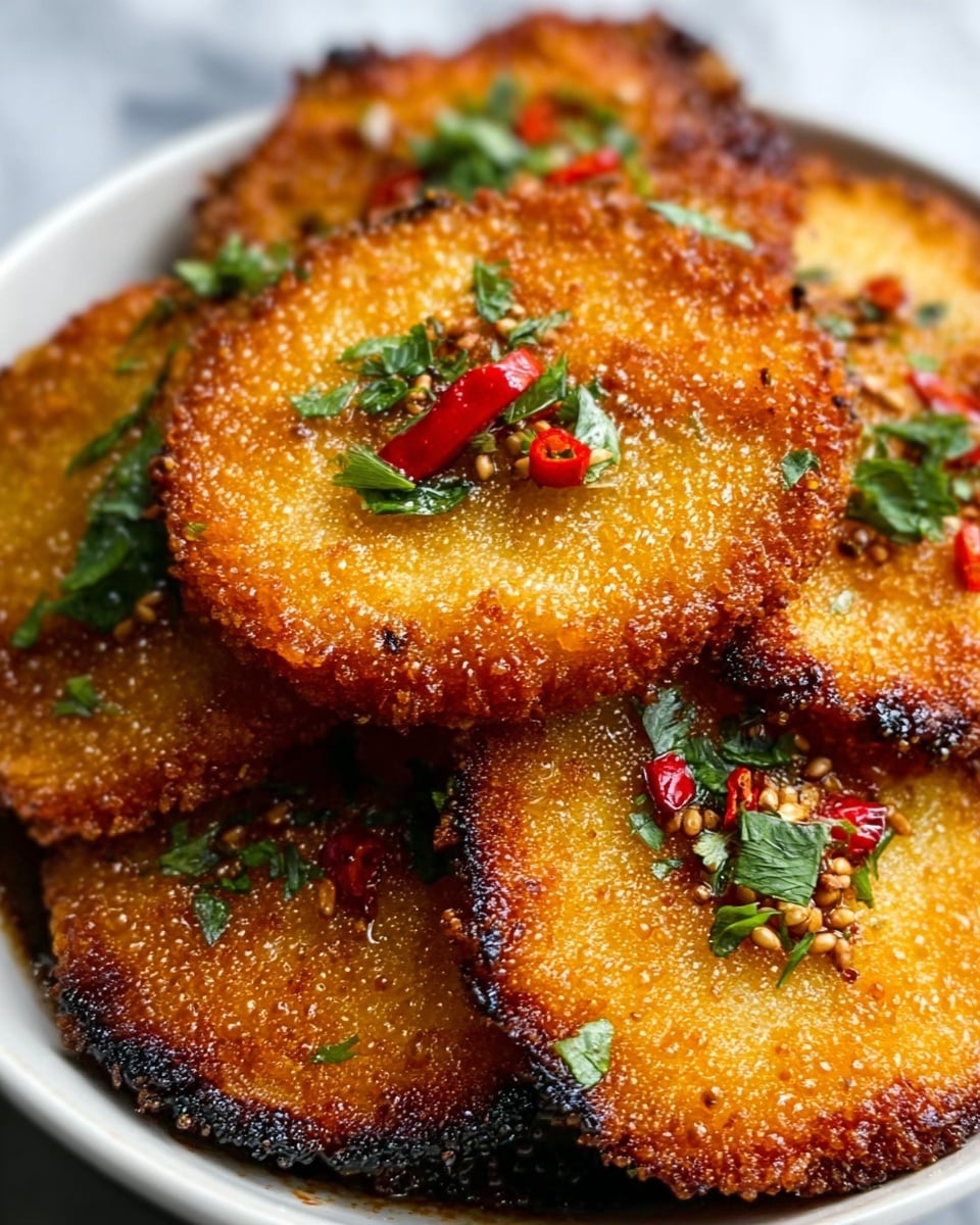 The image shows a close-up of several golden-brown crispy rounds with a crunchy texture, stacked slightly overlapping in a shallow white bowl. Each round has a burnt, dark brown ring around the edge with a lighter, crispy inner circle covered with small green herb leaves and tiny red chili pieces, adding a fresh and bright contrast. The surface they rest on has a white marbled texture, making the colors of the food stand out vividly. The dish looks well-cooked and crunchy, with a mix of deep fried browns and fresh greens. photo taken with an iphone --ar 4:5 --v 7