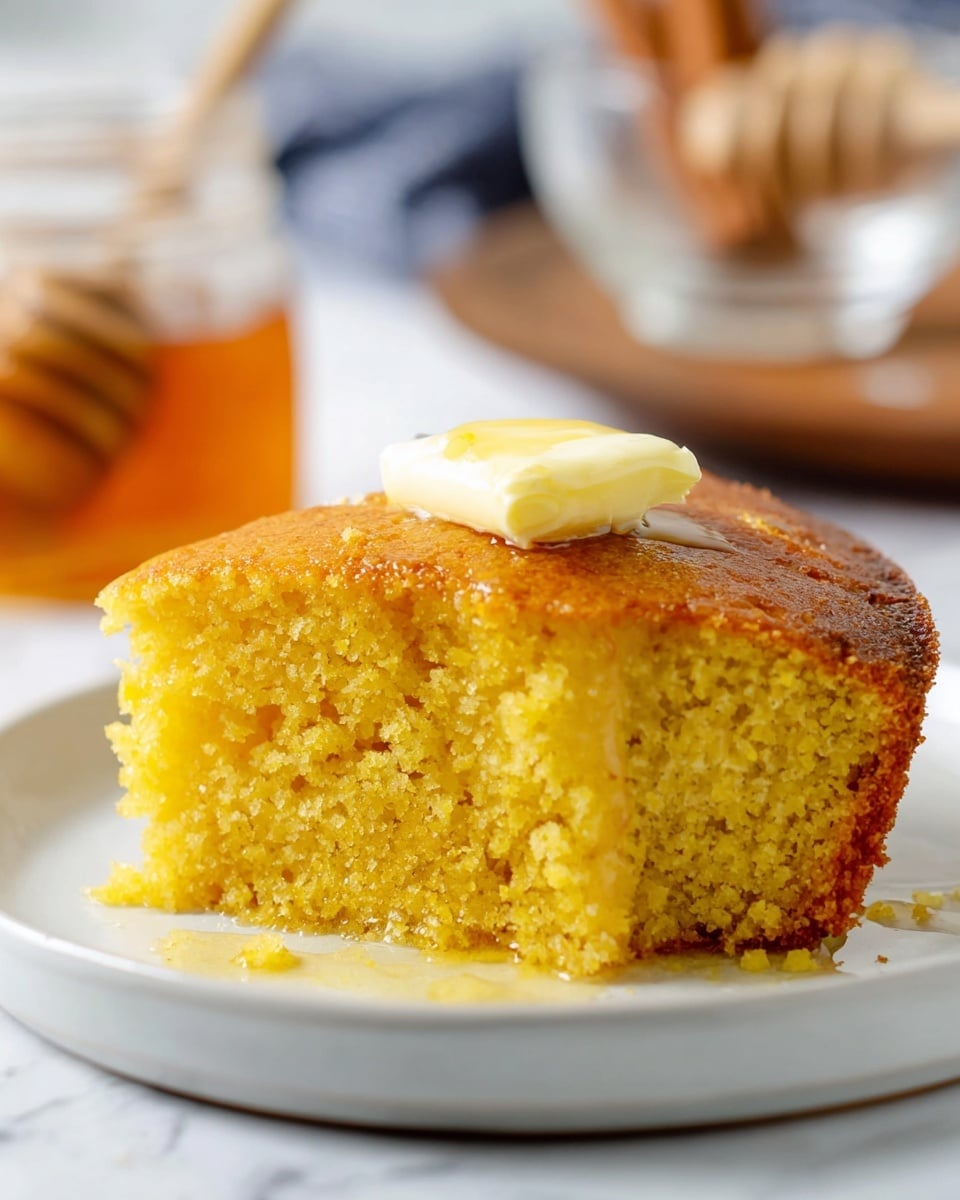 A close-up image of a moist yellow cornbread square with a rough, golden brown crust on top. On the top center of the cornbread is a small, smooth rectangle of pale yellow butter, melting slightly. Above it, honey is being poured in a thin stream from a wooden honey dipper, creating a shiny drop forming on the butter. The cornbread sits on white parchment paper, which is placed on a white marbled surface. In the background, slightly out of focus, there is a clear glass jar filled with honey. photo taken with an iphone --ar 4:5 --v 7