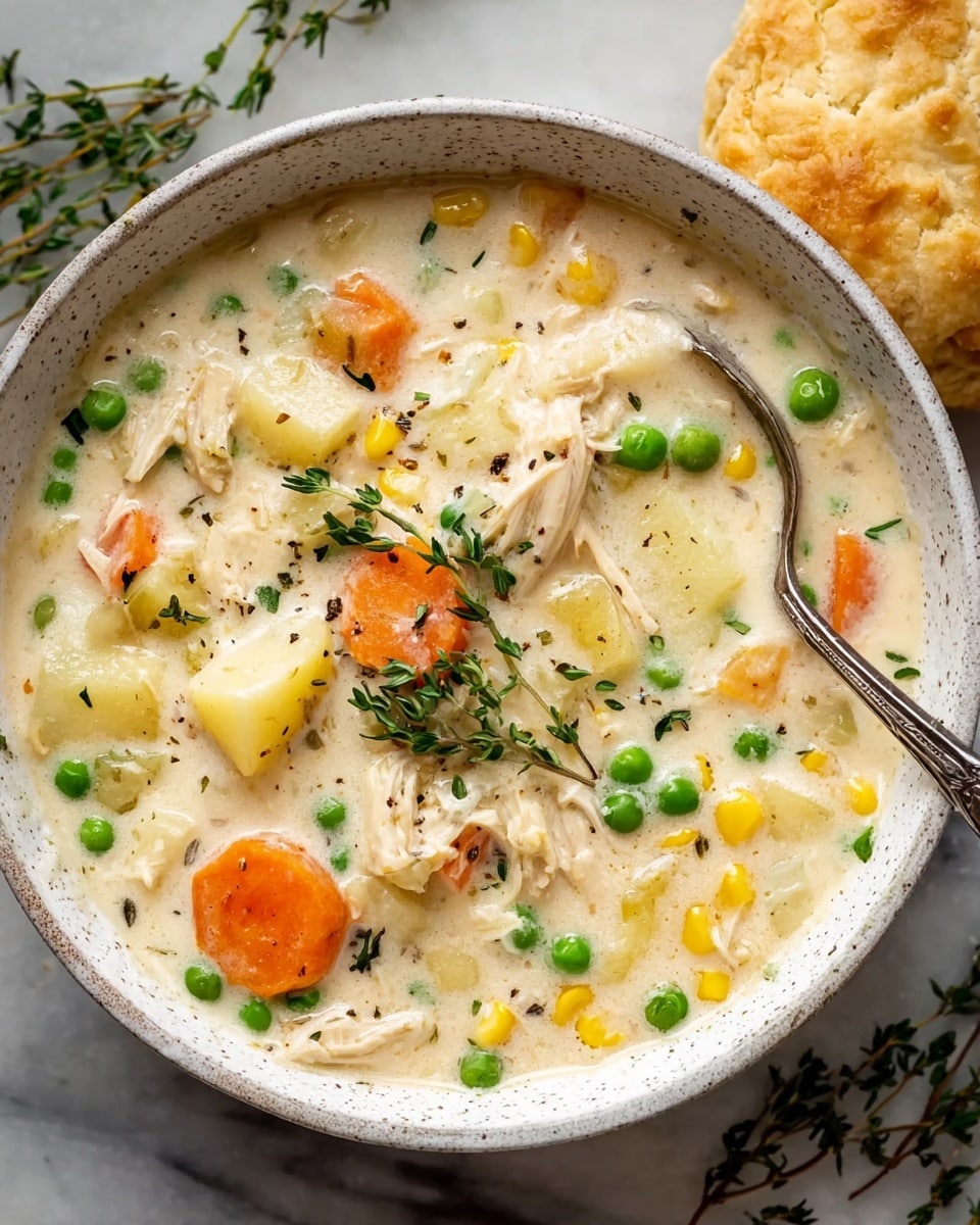 A white bowl filled with creamy chicken chowder that has three main layers: a smooth, light beige creamy base, generous chunks of tender white chicken pieces, and bright vegetable bits including green peas, orange carrot slices, and yellow corn. On top, some brown, crispy croutons are scattered, along with small green herb sprinkles. The bowl is placed on a white marbled surface next to a silver spoon, with a few pieces of golden-brown bread off to the side. photo taken with an iphone --ar 4:5 --v 7