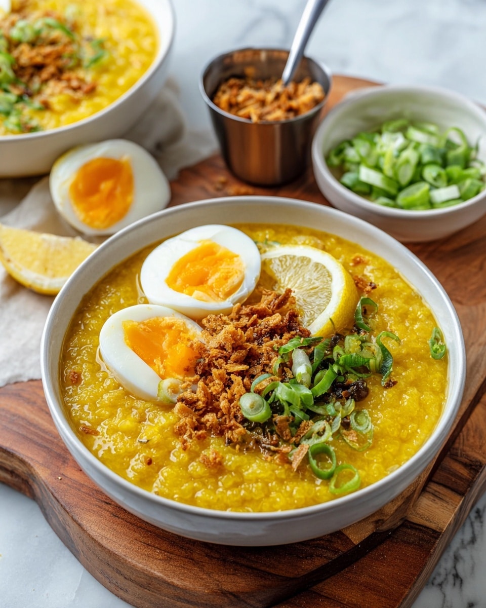 A bowl filled with thick yellow lentil soup that has a soft texture and is topped with a halved boiled egg displaying bright white and yellow yolk, a small mound of crunchy brown bits, fresh green sliced scallions, and a thin wedge of orange placed inside the soup near the edge of the bowl. The bowl is white with a slightly rustic rim and rests on a wooden board. Behind this bowl, there is a small white bowl filled with more chopped green scallions and a small metallic container with more crunchy brown bits, all set on a white marbled surface. A second bowl of similar soup is partially visible in the background along with a halved boiled egg and an orange slice nearby. Photo taken with an iphone --ar 4:5 --v 7