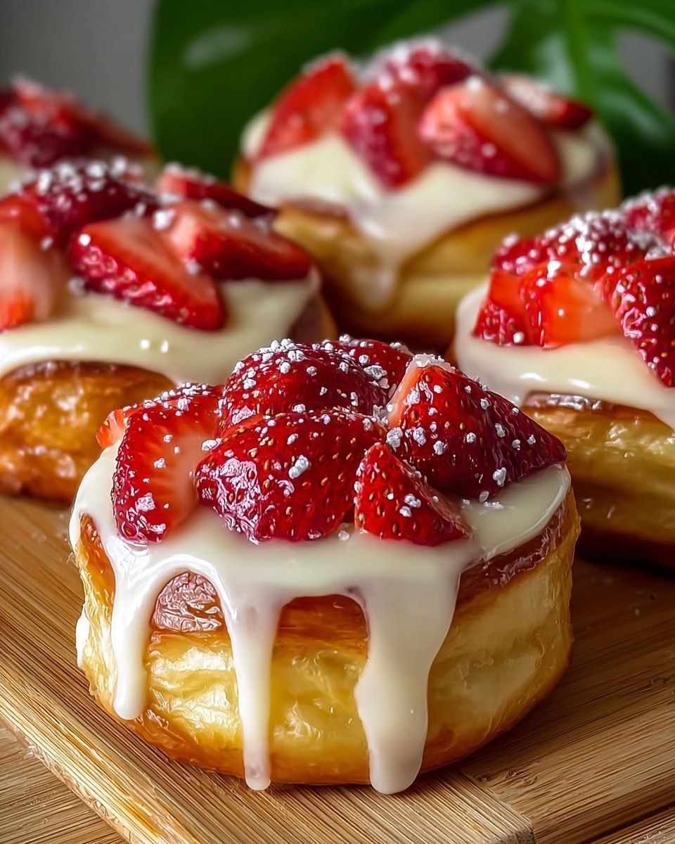 The image shows four round pastries with a golden-brown flaky crust forming the base layer. On top of the crust is a smooth, white creamy layer that looks soft and slightly glossy, with thick sauce dripping over the edges. Arranged on top of the cream are bright red, halved strawberries with visible seeds and a fresh, juicy texture. A light dusting of white powdered sugar is sprinkled over the strawberries and cream, adding a delicate touch. The pastries sit closely together on a wooden surface with some green leaves blurred in the background. photo taken with an iphone --ar 4:5 --v 7