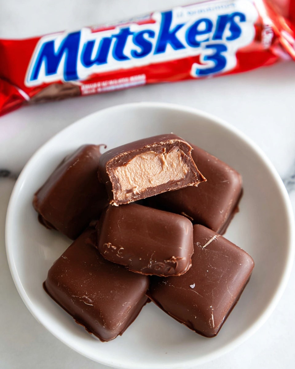 A white plate holds eight chocolate-covered square pieces, each with a smooth and slightly shiny dark brown outer layer. The chocolate coating is thick and uneven with small bumps and slight cracks visible on some pieces. In the background, there is a partially opened 3 Musketeers candy wrapper showing the brand name in red and blue on a silver foil. The plate sits on a white marbled surface. photo taken with an iphone --ar 4:5 --v 7