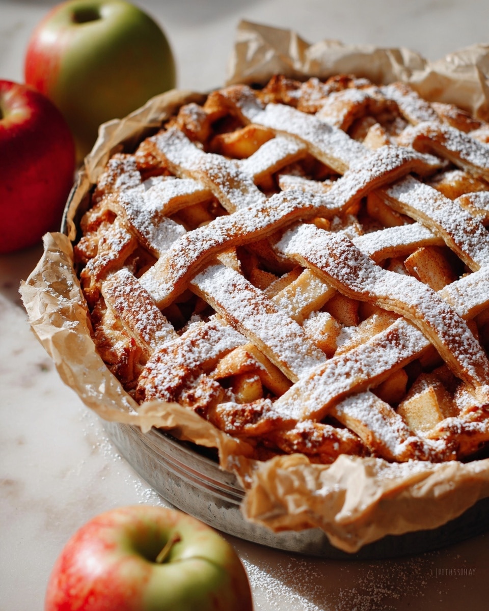 The image shows several small lattice-topped apple pies stacked closely in a round baking pan lined with light brown parchment paper. Each pie has a golden-brown crust with a woven pattern on top dusted lightly with white powdered sugar, revealing soft cooked apple filling in warm brown and amber tones underneath. The pies have a slightly rough texture from the baked crust and powdered sugar. In the background, there are two pumpkins, one orange and one white, placed on a white marbled surface. The scene is bright and cozy with natural light giving a warm and inviting feel. Photo taken with an iphone --ar 4:5 --v 7