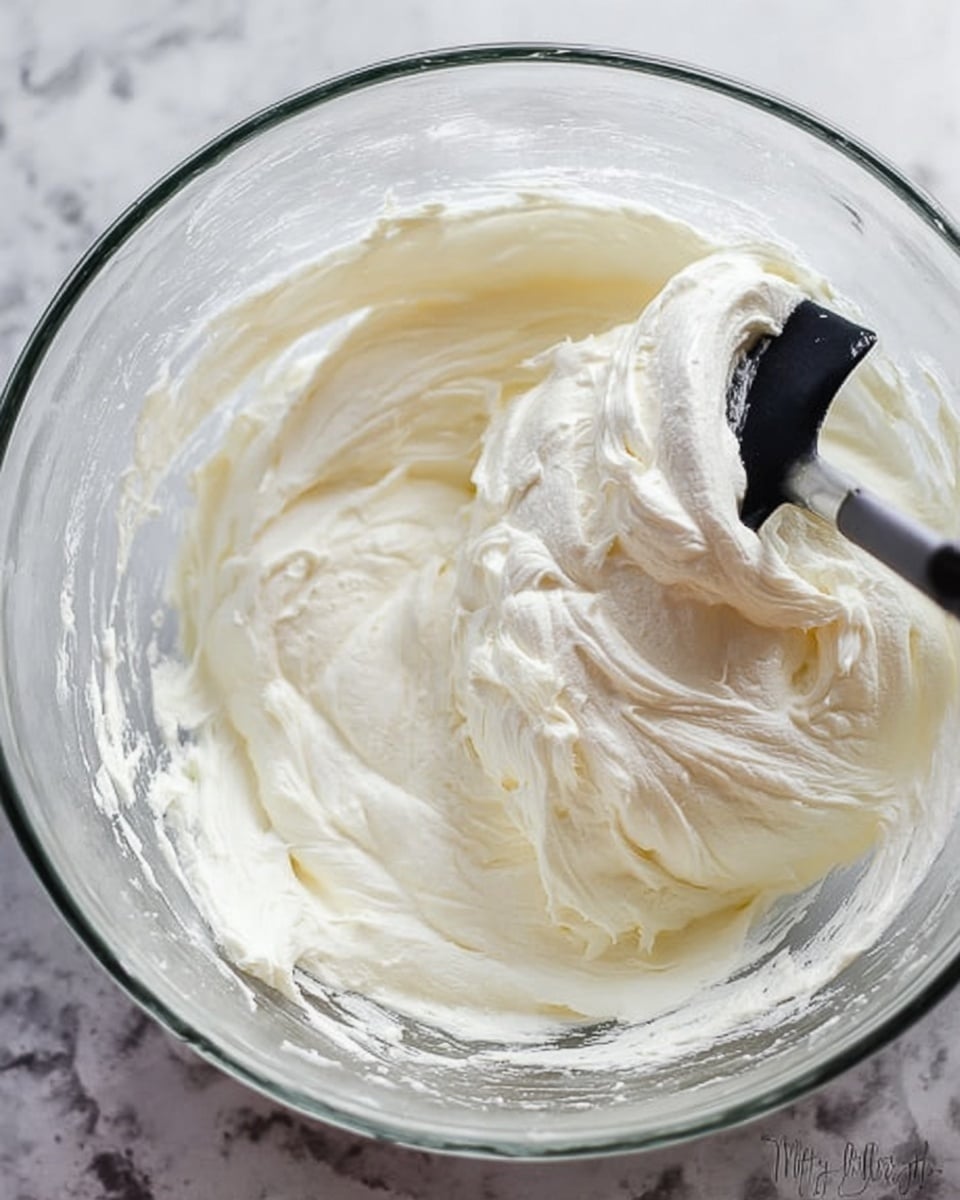 A close-up view of thick, creamy white frosting being stirred inside a clear glass mixing bowl. The frosting has a smooth, fluffy texture with soft peaks and swirls visible throughout. A black spatula is partially dipped into the creamy mixture on the right side of the bowl. The bowl is resting on a white marbled surface. photo taken with an iphone --ar 4:5 --v 7