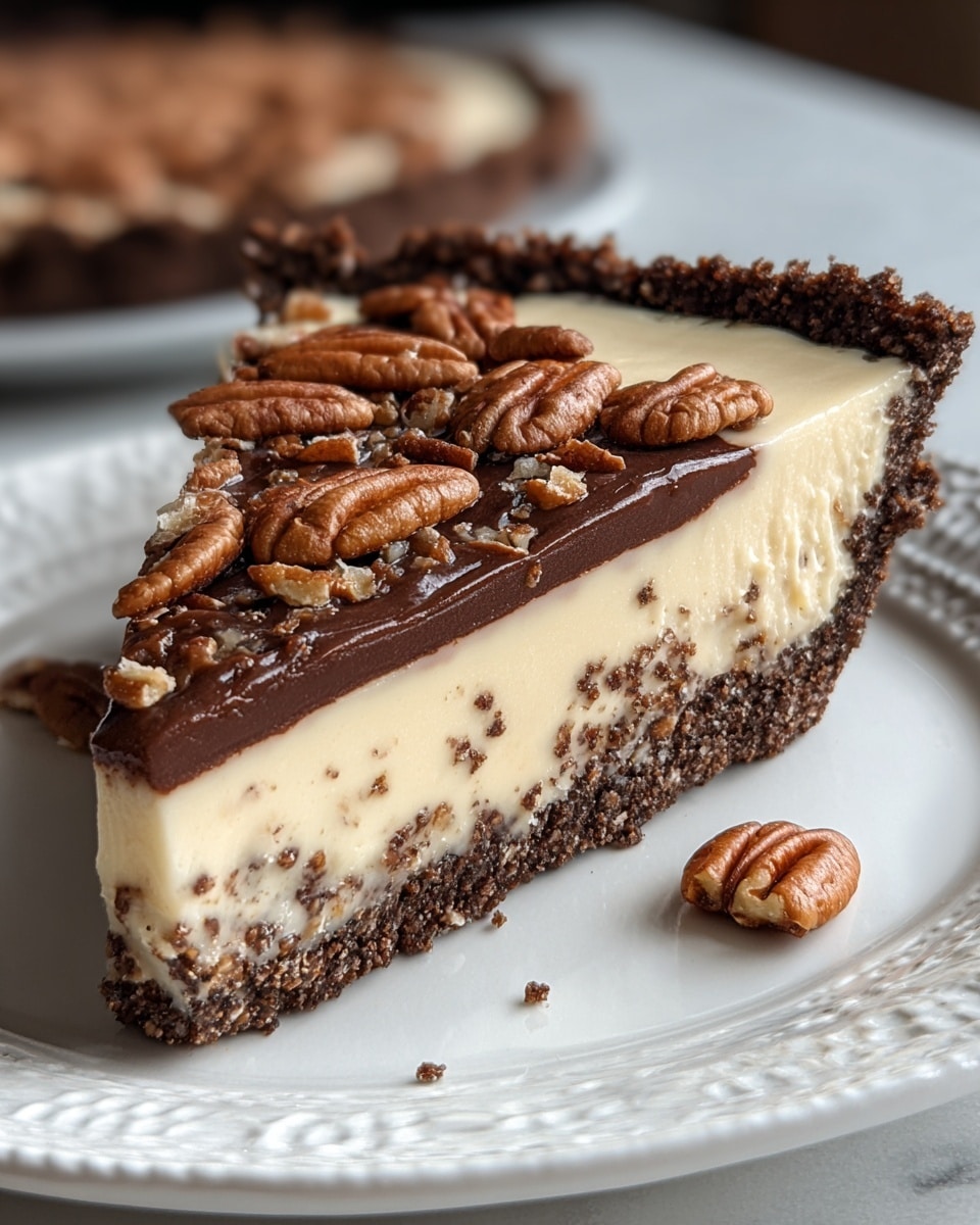 A close-up photo of a slice of pecan cream pie sitting on a white plate with delicate edge patterns, placed on a white marbled texture surface. The pie has three distinct layers: a crumbly dark brown crust forming the base and sides, a thin smooth dark chocolate layer above the crust, and a thick creamy light beige filling with tiny bits mixed inside. The top is decorated with whole, shiny brown pecans and small crushed pieces scattered around. The slice is shown from an angle highlighting the textures and colors clearly, making it look rich and smooth. Photo taken with an iphone --ar 4:5 --v 7