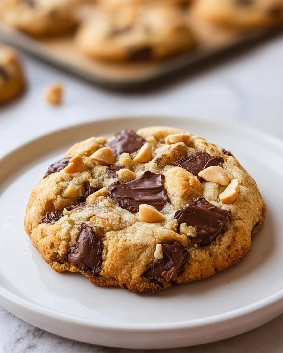 A close-up view of a single chocolate chip cookie on a white plate, with a golden-brown base filled generously with large dark chocolate chunks and small light brown nuts scattered on top. The cookie has a slightly rough texture with uneven edges and a soft, chewy center. The plate is set on a white marbled surface, and in the blurred background, a dark baking tray with more cookies and a soft beige cloth are faintly visible. Photo taken with an iphone --ar 4:5 --v 7