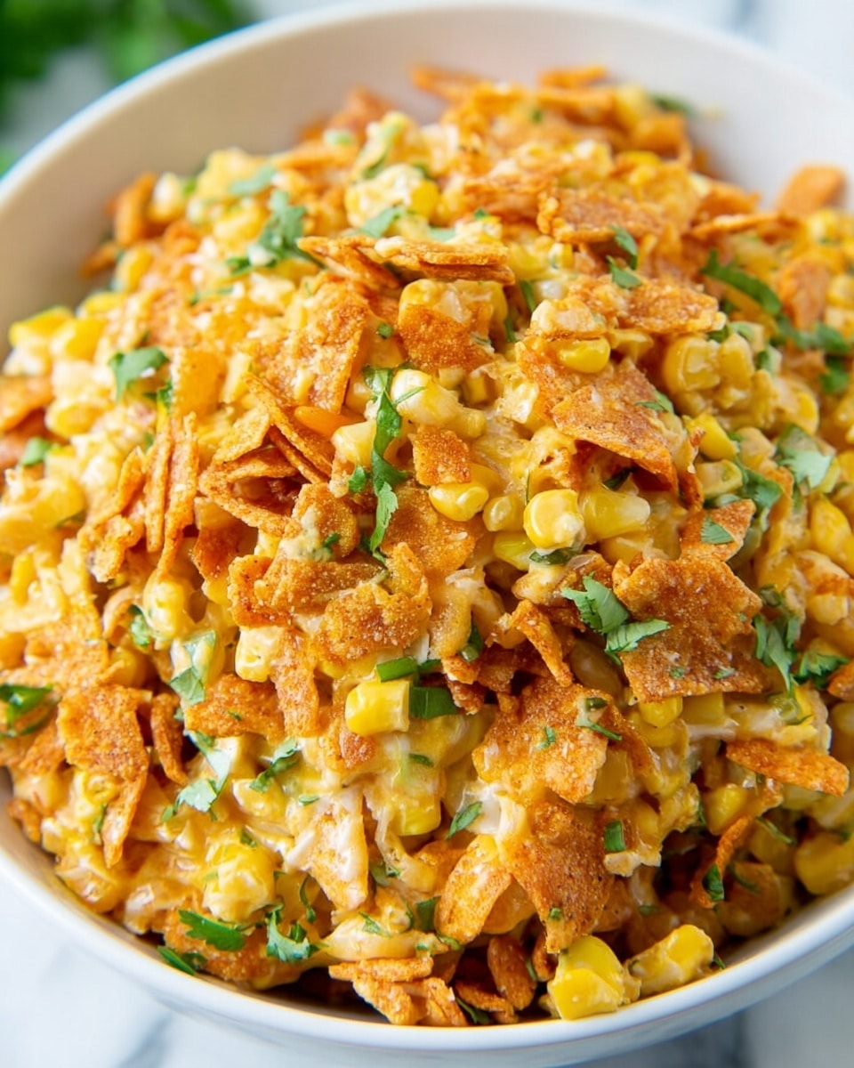 A close-up view of a white bowl filled with a colorful mixed dish showing three main layers: the bottom and middle layers have bright yellow corn kernels and light creamy shredded cheese, both mixed well throughout, while the top layer consists of broken orange-colored chips scattered unevenly, adding a crunchy texture. Bright green cilantro leaves are sprinkled throughout the mixture, giving small pops of color against the orange chips and yellow corn. The bowl rests on a white marbled surface, making the warm colors of the dish stand out. photo taken with an iphone --ar 4:5 --v 7