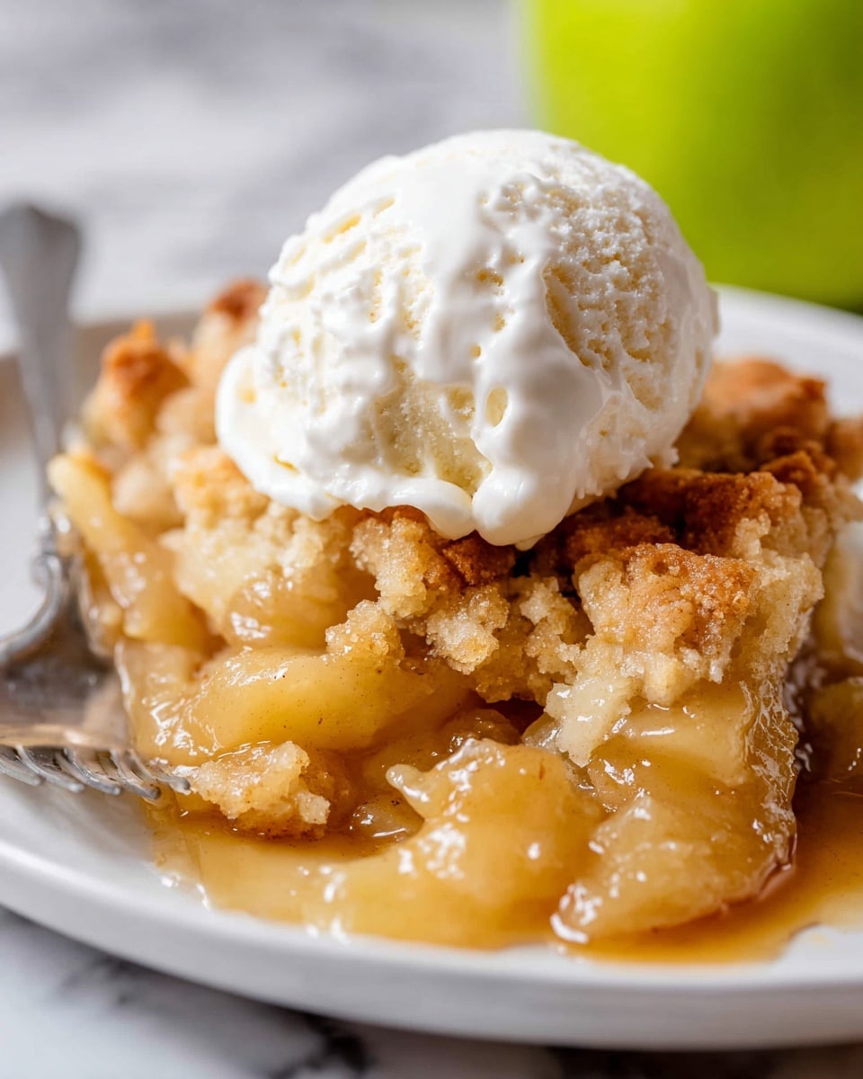 A white baking dish shows a warm apple cobbler with two main layers; the bottom layer is glossy, cooked apple chunks in a thick, brown sauce with a shiny smooth texture, partially scooped out to reveal the details. The top layer is a golden-brown crumbly biscuit crust, irregular in shape with a lightly powdered sugar dusting, covering most of the dish except the scooped-out part. A gold spoon is partially inside the dish, touching the apple filling. The dish rests on a white marbled surface with a green apple slightly visible in the top left corner. Photo taken with an iphone --ar 4:5 --v 7