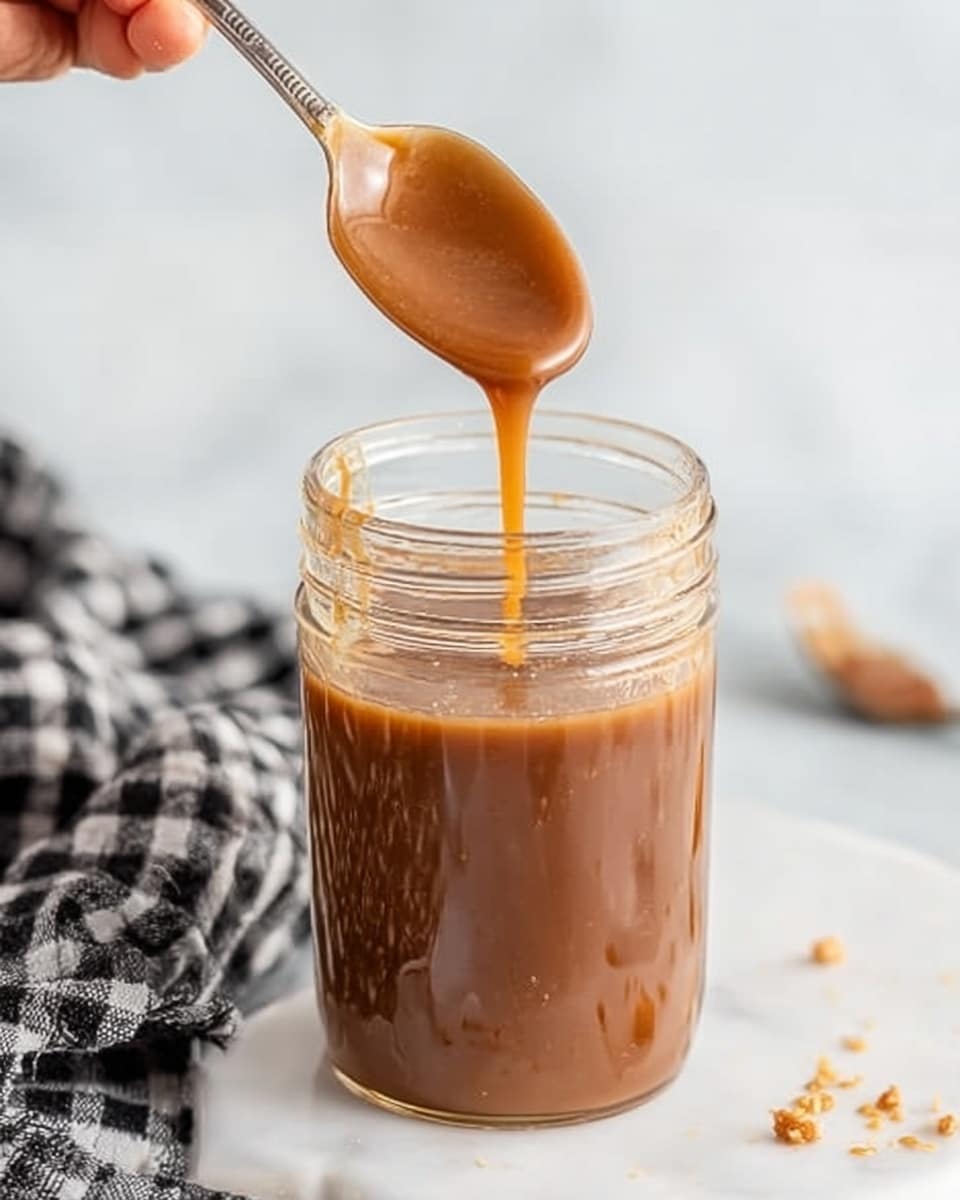 A clear glass jar filled with smooth, brown caramel sauce is centered on a white marbled surface. A spoon is held by a woman's hand just above the jar, pouring thick caramel in a slow, continuous stream back into the jar. The caramel has a glossy texture and a rich, warm color with highlights shining from the light. Near the jar lies a folded black and white checkered cloth, and some small scattered crumbs are visible on the surface. The background is softly blurred, keeping full focus on the jar and the caramel. Photo taken with an iphone --ar 4:5 --v 7