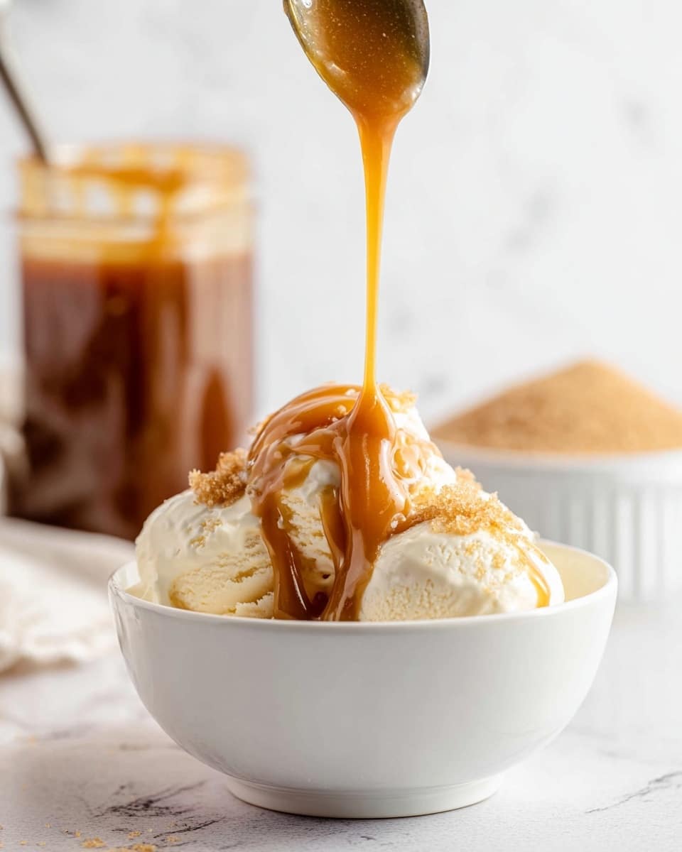 A bowl of white creamy vanilla ice cream with three scoops is shown, sitting in a white bowl. A thick caramel sauce, light brown and shiny, is being poured from above, creating a flowing stream that drapes over the top scoop and cascades down the sides, adding a glossy texture. In the background, there is a blurred glass jar filled with caramel sauce and a spoon sticking out, along with a white bowl containing brown sugar placed on a white marbled texture surface. photo taken with an iphone --ar 4:5 --v 7