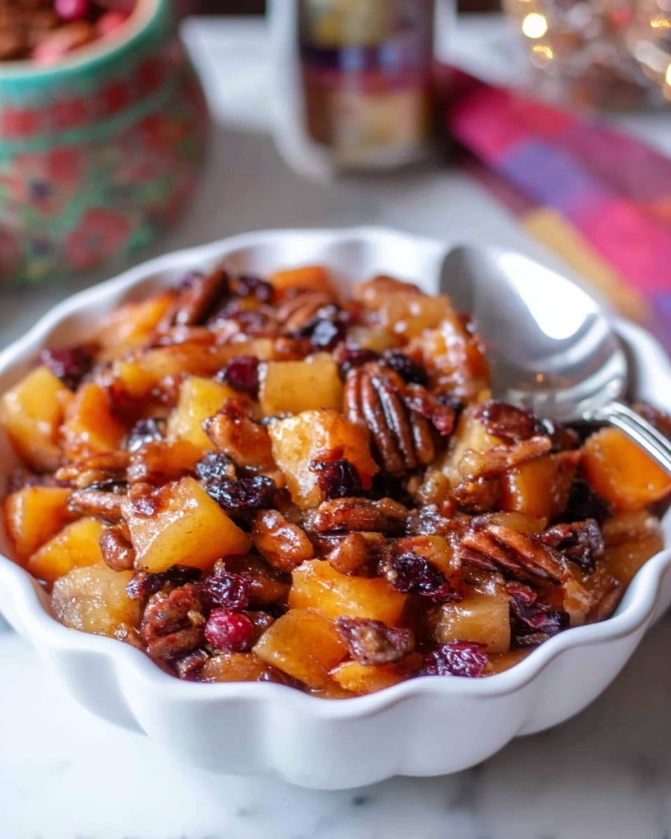 A close-up view of a warm fruit and nut dish served in a white bowl with a scalloped edge and red trim, filled with small, soft cubes of caramel-colored cooked apples and pale yellow chunks mixed with dark raisins and whole pecans, all coated in a shiny glaze that suggests a sweet sauce, sitting on a light gray cloth with a spoon nearby, the background showing blurry holiday decorations on a white marbled surface. photo taken with an iphone --ar 4:5 --v 7