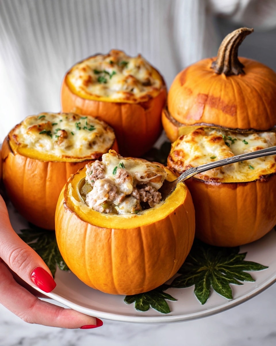 Four small round orange pumpkins have their tops cut off and are placed on a white plate held by a woman's hand with red nails. Each pumpkin is hollowed and filled with a thick, creamy stuffing made of light beige bread chunks, small pieces of orange carrot, and melted cheese that drips slightly over the edges. The pumpkins are arranged close together, and green leaves are spread around them on the plate. The woman wears a white knit sweater, and the background is a white marbled texture. Photo taken with an iphone --ar 4:5 --v 7