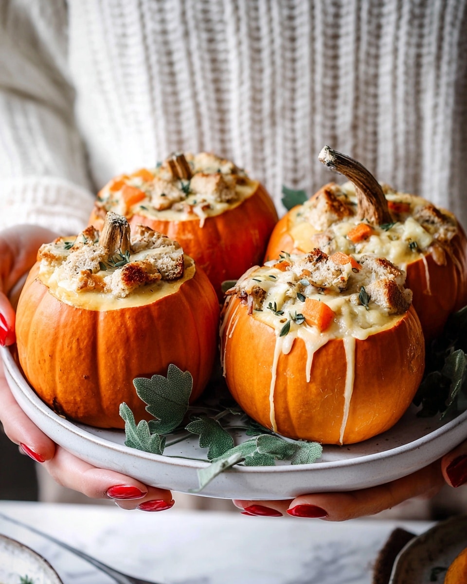 The image shows four small pumpkins hollowed out and filled with a creamy mixture that includes visible bits of meat and vegetables. Each pumpkin has a smooth orange outer skin and a thick yellow inner flesh layer. The filling is creamy and soft with a slightly melted texture on top, bubbling over the edges of one pumpkin. One pumpkin lid is removed and placed beside it, showing the stuffed inside clearly. The pumpkins are arranged close together on a white plate, which is decorated with green leaves. A woman's hand with red nail polish is holding the plate, and a spoon is inside one pumpkin, ready to scoop out the filling. The background is a white marbled texture. photo taken with an iphone --ar 4:5 --v 7