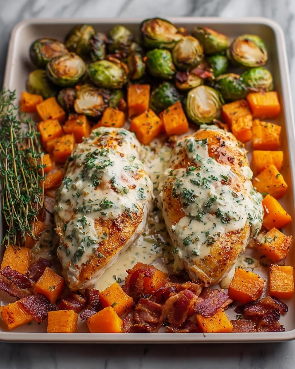 A white plate holds a meal with two main parts: on the right, there is a single piece of cooked chicken breast, golden-brown with visible bits of garlic and a light glaze of sauce around it; on the left side, there are several roasted vegetables including round Brussels sprouts, orange carrot chunks, yellow and red roasted potatoes, and red onion pieces. Fresh green herb leaves are scattered on top of the chicken and vegetables. To the top left of the plate, a small white bowl filled with cooked rice mixed with herbs sits next to a clear glass of water and a small white bowl of coarse salt. A whole orange pumpkin is placed at the top right, near a rustic knife and fork with wooden handles lying on the right side of the image. The entire scene is set on a white marbled surface, with small green herb leaves scattered around, and a soft white cloth napkin is draped partly under the plate on the left side. photo taken with an iphone --ar 4:5 --v 7