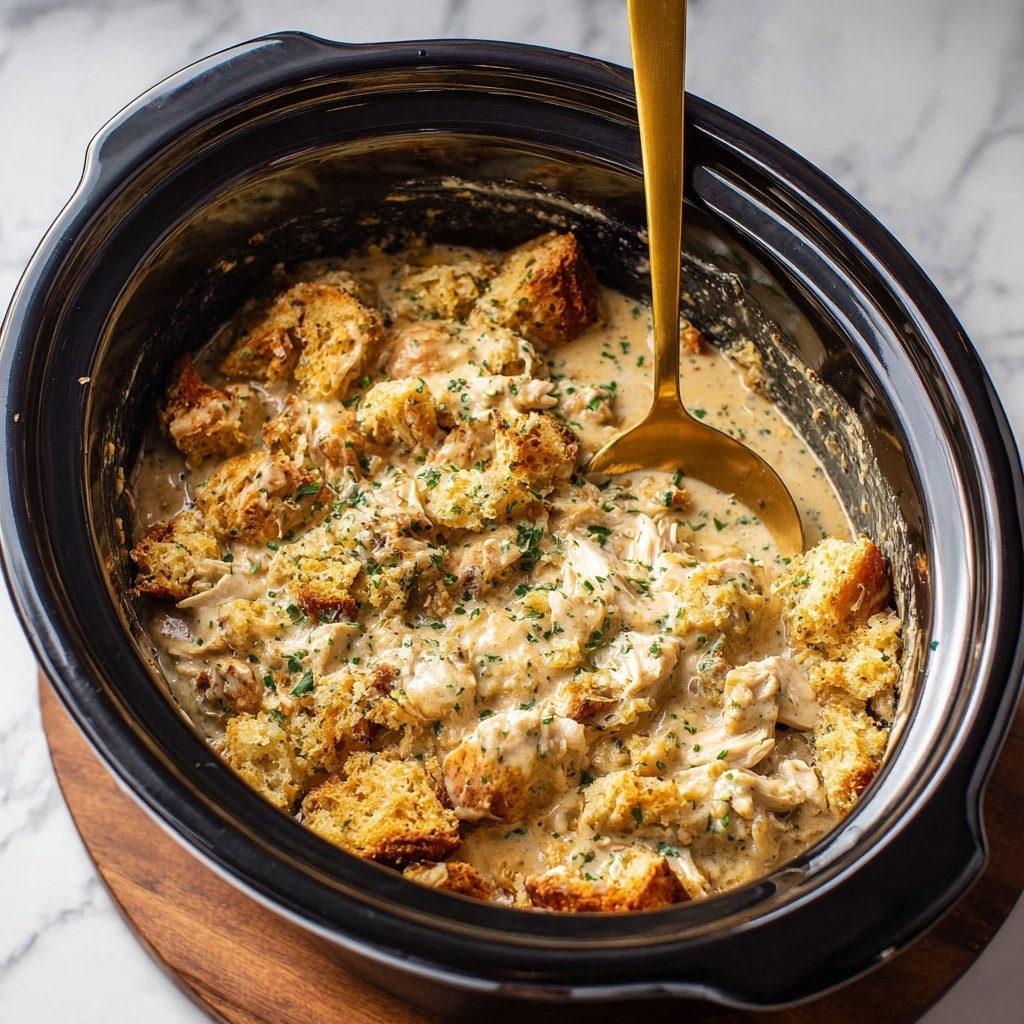 The image shows a white slow cooker filled with a creamy rice dish topped with a thick layer of golden brown crumb topping sprinkled with green herbs. The crumb topping looks crunchy and uneven, with bits of toasted crumbs scattered on the rice beneath. The rice layer is a warm, pale cream color, creamy in texture, filling the bottom part of the cooker. A wooden spoon held by a woman's hand is partially in the cooker, scooping some of the rice and crumb mixture. The cooker and spoon are set on a white marbled surface. photo taken with an iphone --ar 4:5 --v 7