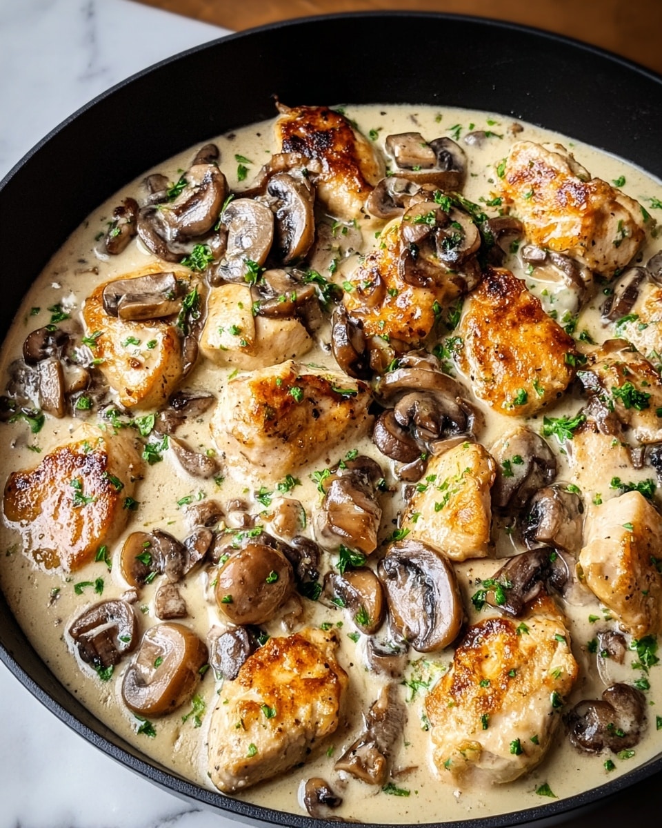 This image shows a close-up of a dish in a black pan filled with creamy sauce, golden-brown cooked chicken chunks, and sautéed mushrooms. The chicken pieces are scattered evenly across the creamy light beige sauce that has a smooth texture. Dark brown sliced mushrooms are mixed throughout and slightly submerged in the sauce. Small green parsley bits are sprinkled on top, adding a fresh color contrast. The background has a white marbled texture. photo taken with an iphone --ar 4:5 --v 7