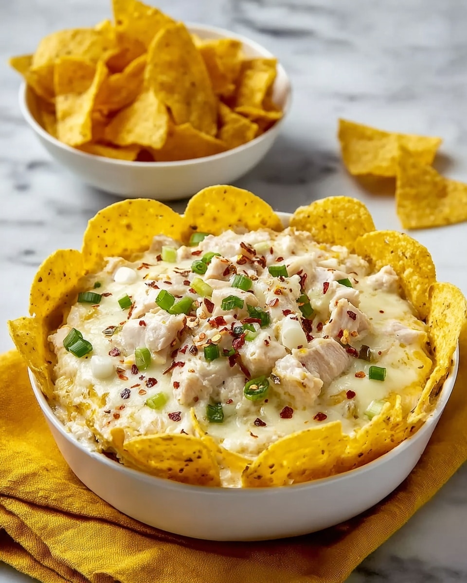 A white bowl filled with creamy, melted cheese mixed with shredded white chicken pieces, topped with chopped green onions and small red chili flakes for texture. Around the inside edge of the bowl, crispy yellow corn tortilla chips stand upright, creating a scalloped border. The bowl sits on a folded mustard yellow cloth over a white marbled surface. In the blurred background, there are more tortilla chips in a white bowl. Photo taken with an iphone --ar 4:5 --v 7