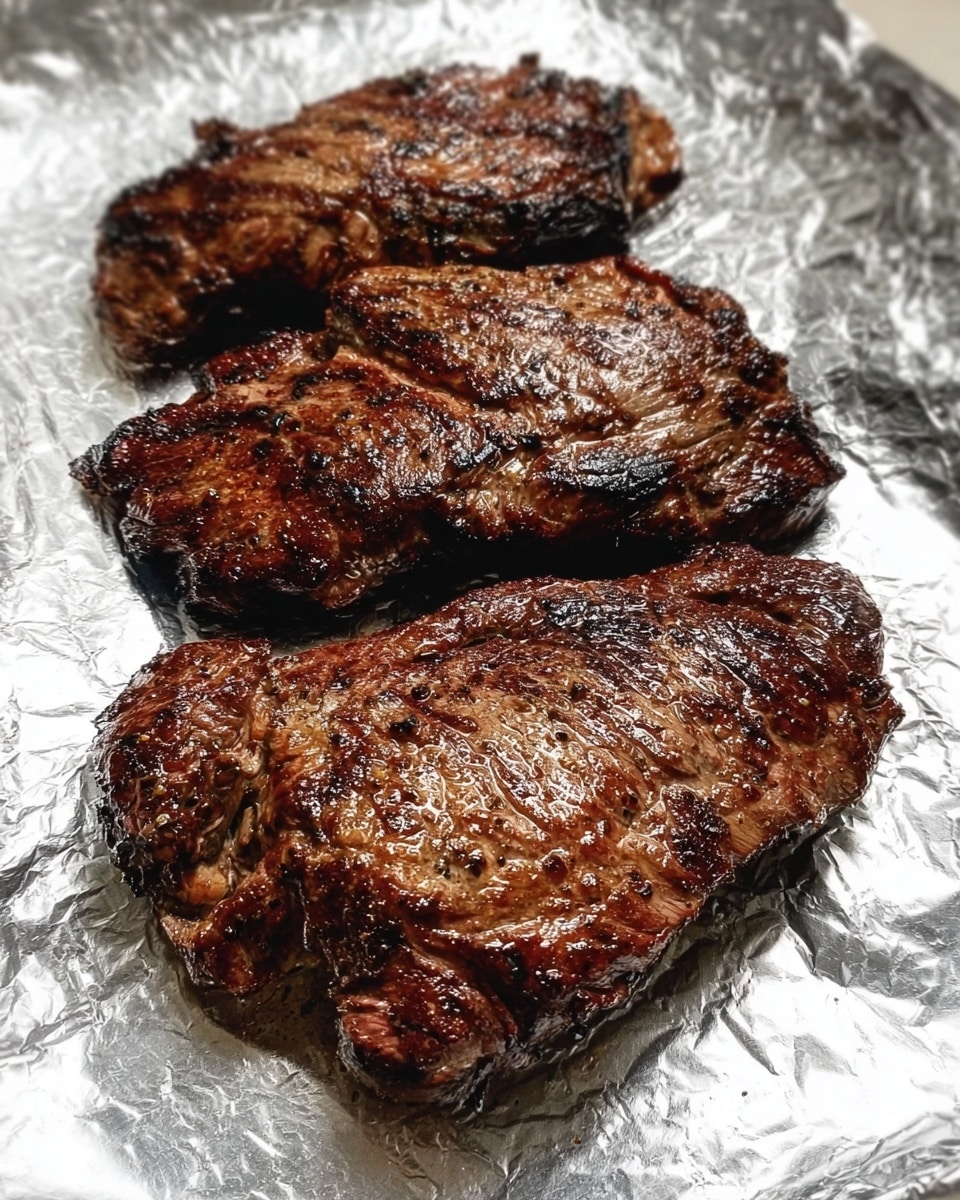 The image shows three cooked steak pieces placed side by side on a sheet of aluminum foil. The steaks have a dark brown charred surface with some shiny, juicy spots. The foil beneath them is crinkled and reflective, with silver tones. The overall setting has a clean white marbled texture background. Photo taken with an iphone --ar 4:5 --v 7