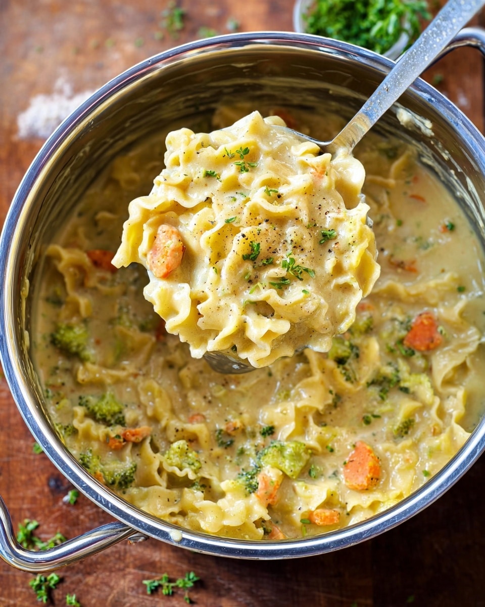 A shiny steel pot filled with creamy pasta soup showing wavy-edged pasta pieces mixed with small, softly cooked chunks of orange carrots and green broccoli, all coated in a thick beige broth dotted with small green parsley leaves. A large steel ladle holds a scoop of the soup above the pot, held by a woman's hand with fair skin. The pot rests on a beige wooden surface with a bit of burlap cloth under one handle and sprigs of parsley scattered around. The texture is rich and smooth with visible vegetable bits throughout. Photo taken with an iphone --ar 4:5 --v 7