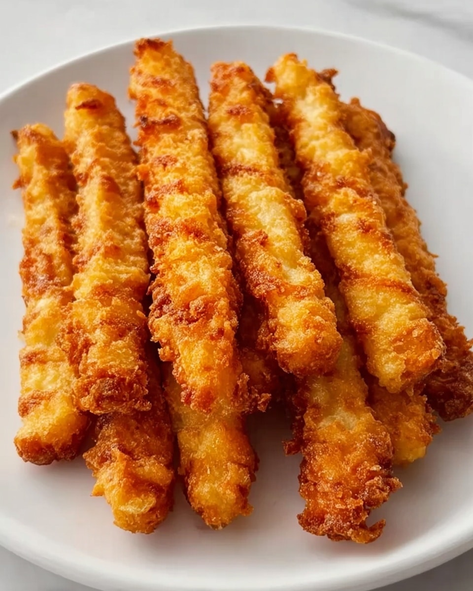 The image shows a white plate filled with eight long, crispy golden-brown fried sticks placed closely together in a neat row. The sticks have a crunchy texture with a slightly uneven surface that suggests a light, flaky coating. The color varies from a deep golden yellow to a darker brown along the edges, showing they are well-fried and crisp. The plate rests on a white marbled textured surface. photo taken with an iphone --ar 4:5 --v 7