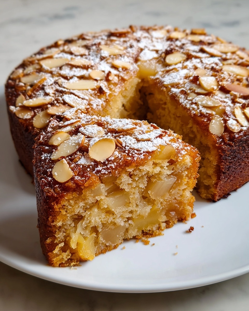 This image shows a round cake placed on a white plate set on a white marbled surface. The cake has two main layers: the bottom layer is dense and golden brown with a slightly rough texture, showing bits of grain or oats, while the top layer is thick and glossy with pieces of apple coated in a rich caramel glaze mixed with oats, creating a shiny, sticky texture. A slice has been cut out from the cake, revealing the moist inside and the contrast between the soft interior and the glazed top. Photo taken with an iphone --ar 4:5 --v 7
