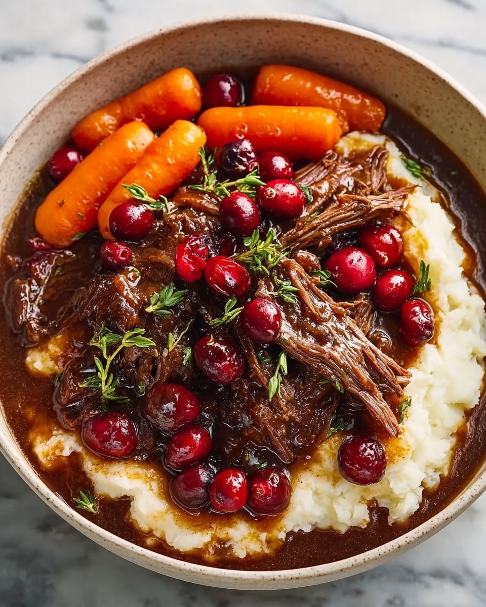 A bowl filled with three main layers: at the bottom, a thick dark brown sauce surrounding the other ingredients; next, bright orange baby carrots are placed all around, partially covered by the sauce; on top, several pieces of shredded brown meat are arranged in the center, glistening with sauce. Scattered among the meat and carrots are shiny red cranberries and small green herb sprigs. Around the edge of the bowl, there is a fluffy white mashed potato layer. The bowl sits on a white marbled surface. photo taken with an iphone --ar 4:5 --v 7