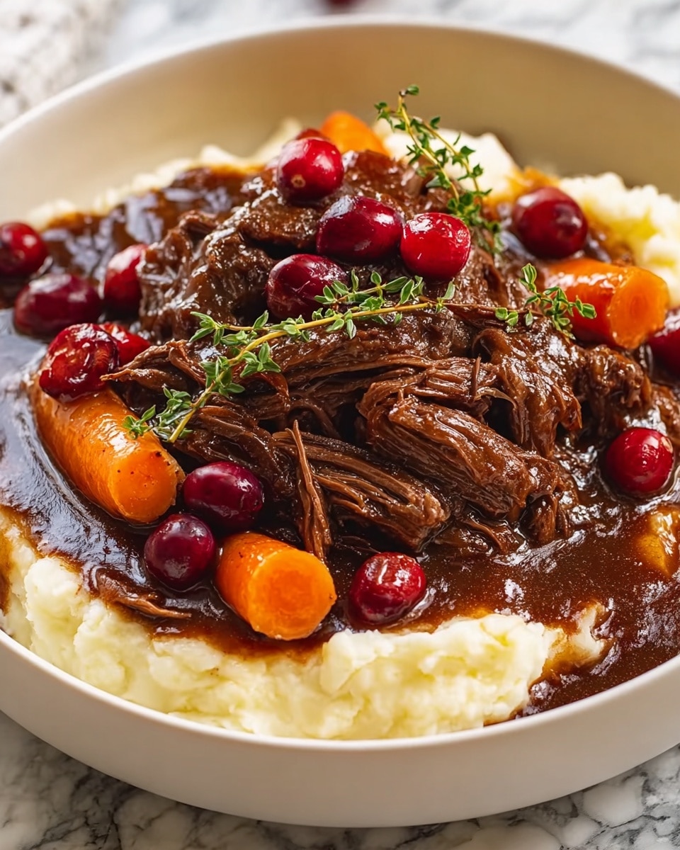 A white bowl holds a layered dish starting with a base of smooth, creamy white mashed potatoes spread around the edges. On top sits a thick, dark brown rich sauce covering tender, shredded beef pieces that show visible fibrous texture. Nestled within the sauce are bright orange baby carrots, their smooth skin glistening. Scattered on the beef and sauce are shiny, round red cranberries and small sprigs of fresh green thyme, adding color contrast. The bowl is set on a white marbled surface. photo taken with an iphone --ar 4:5 --v 7