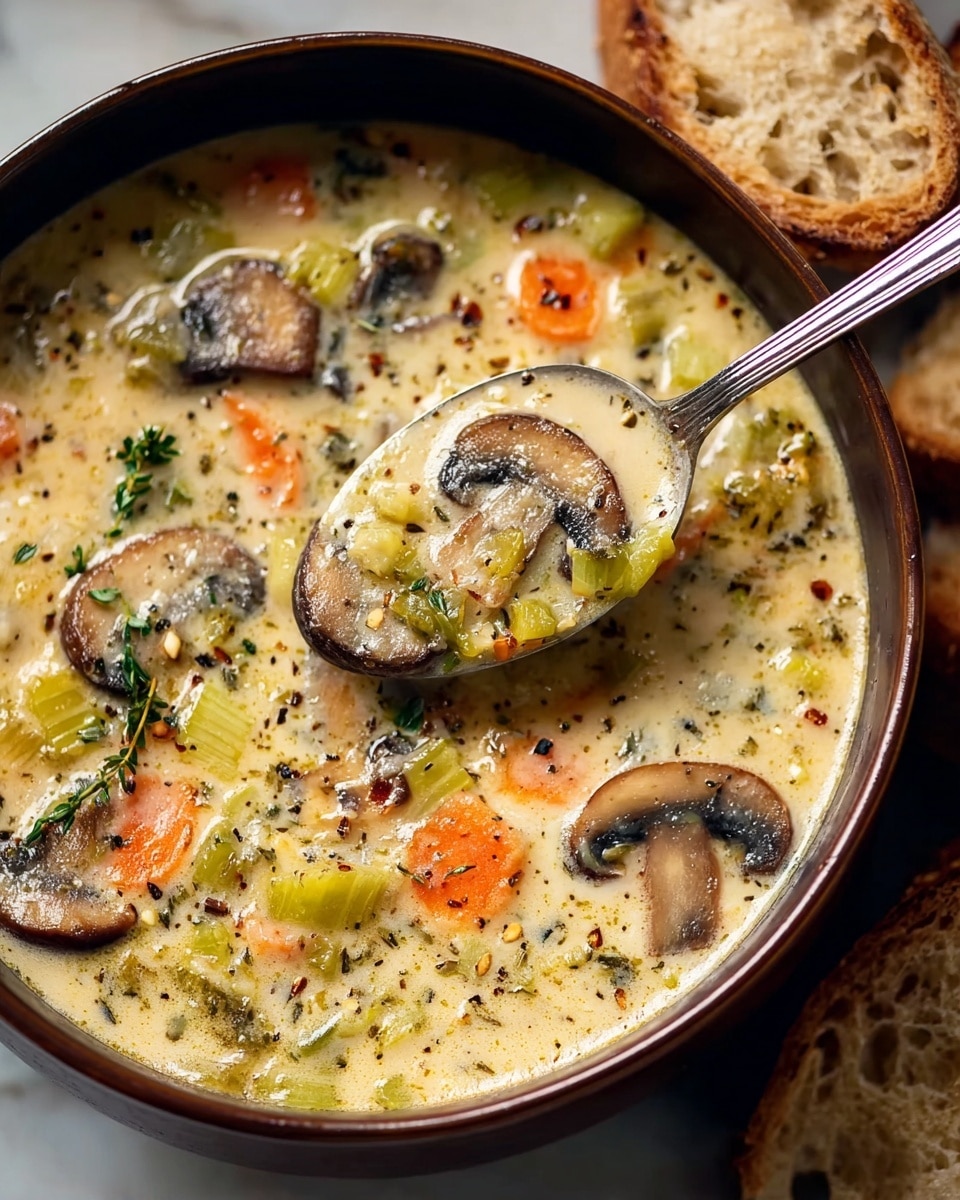 A close-up of a creamy soup in a white bowl with a dark rim, filled with several chunky layers including light orange carrot pieces, pale yellow potato chunks, green celery, and brown mushroom slices, all mixed in a thick, pale cream broth speckled with black pepper and green herb leaves, with a silver ladle lifting a portion of the soup from the bowl, resting on a white marbled surface. photo taken with an iphone --ar 4:5 --v 7