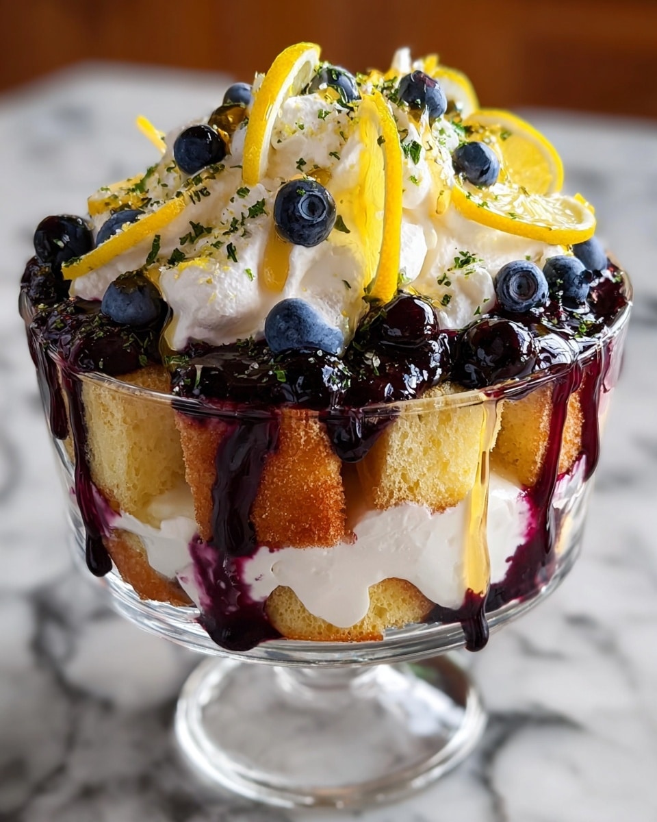 A clear glass bowl filled with several layers: at the bottom, golden brown cake pieces; above that, a thick layer of creamy white filling mixed with some dark purple berry sauce; next, more of the same cake pieces stacked; topped with a whistle of white whipped cream; drizzled generously with bright yellow lemon sauce; sprinkled with fresh dark blue blueberries and small green herb leaves; garnished with a thin lemon wedge on the side. The bowl sits on a white marbled surface. Photo taken with an iphone --ar 4:5 --v 7