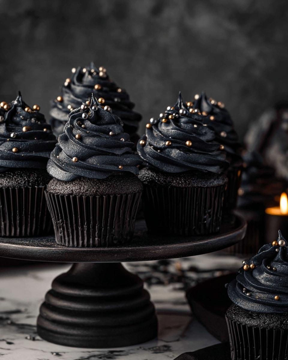 A close-up view of a black cupcake resting on a dark, aged wooden surface with a slightly yellowed book beneath it; the cupcake has a rich, textured dark chocolate base with a generous swirl of smooth, thick black frosting on top, decorated with small white and orange round sprinkles scattered evenly over the frosting. Another identical cupcake is visible in the background, along with part of a black stand holding more cupcakes, all set against a dark ambiance. The focus is on the front cupcake, with a small inviting shine on the frosting that highlights its creamy texture. The surface is changed to a white marbled texture. Photo taken with an iphone --ar 4:5 --v 7