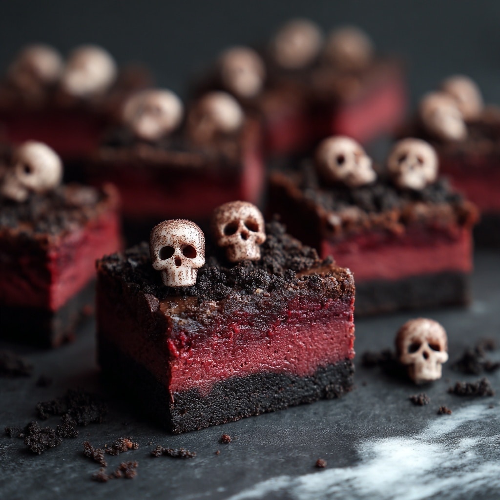 The image shows several square pieces of a dessert arranged close together on a dark surface with a white marbled texture. Each piece has two layers: a bright red bottom layer with a soft, moist texture, and a thick dark brown crumbly top layer. On top of the crumbly layer, there are many small chocolate skull shapes scattered evenly, adding texture and detail. To the side, there is a white bowl filled with more chocolate skull decorations. The lighting creates soft shadows, highlighting the layers and skull shapes clearly. Photo taken with an iphone --ar 4:5 --v 7