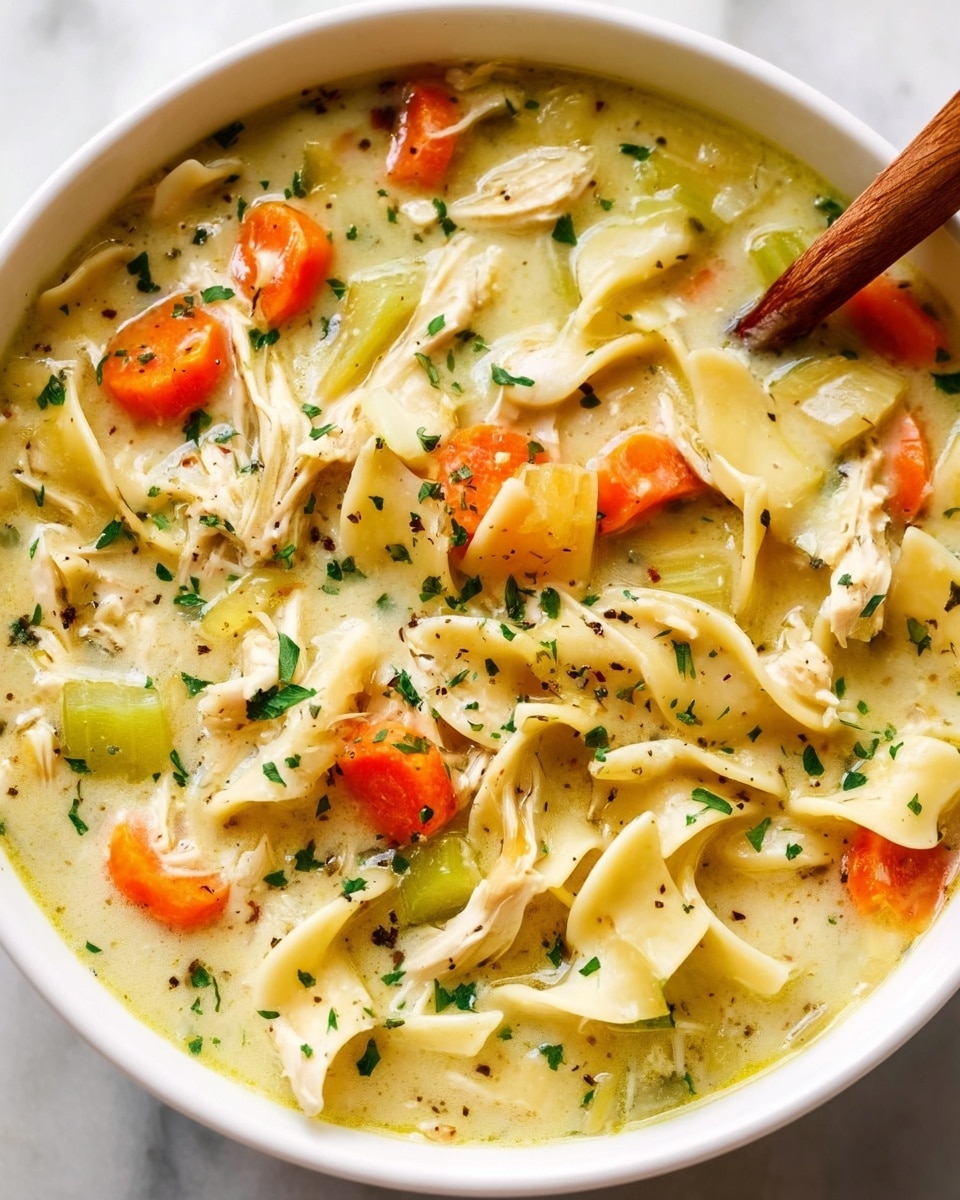 The image shows a close-up of a creamy soup with several visible layers and ingredients. The base is a thick, light beige broth speckled with black pepper and herbs. Floating in the soup are tender pieces of cooked chicken, bright orange sliced carrots, light green celery chunks, and soft wide egg noodles. Fresh green parsley is sprinkled on top, adding vibrant color and texture. A metal ladle is partially submerged in the soup, capturing a mix of noodles, vegetables, and chicken. The soup is contained in a white bowl with part of its rim visible against a white marbled surface. photo taken with an iphone --ar 4:5 --v 7