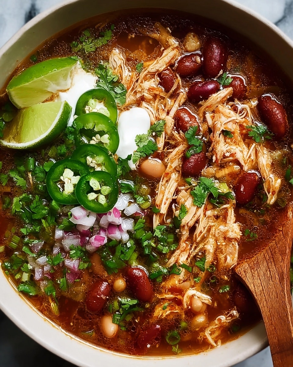 The image shows a close-up of a bowl of soup with several visible layers. The base layer is a rich, brown broth filled with shredded chicken and mixed beans in light and dark red colors. On top of the broth, there are layers of thinly sliced green jalapeño rings, small diced red onion, chopped green onions, and fresh green cilantro. There is a dollop of white sour cream near the top left side, next to two bright green lime slices partially submerged in the soup. A wooden spoon rests inside the bowl on the right side. The bowl is white, and the background surface is a white marbled texture. photo taken with an iphone --ar 4:5 --v 7