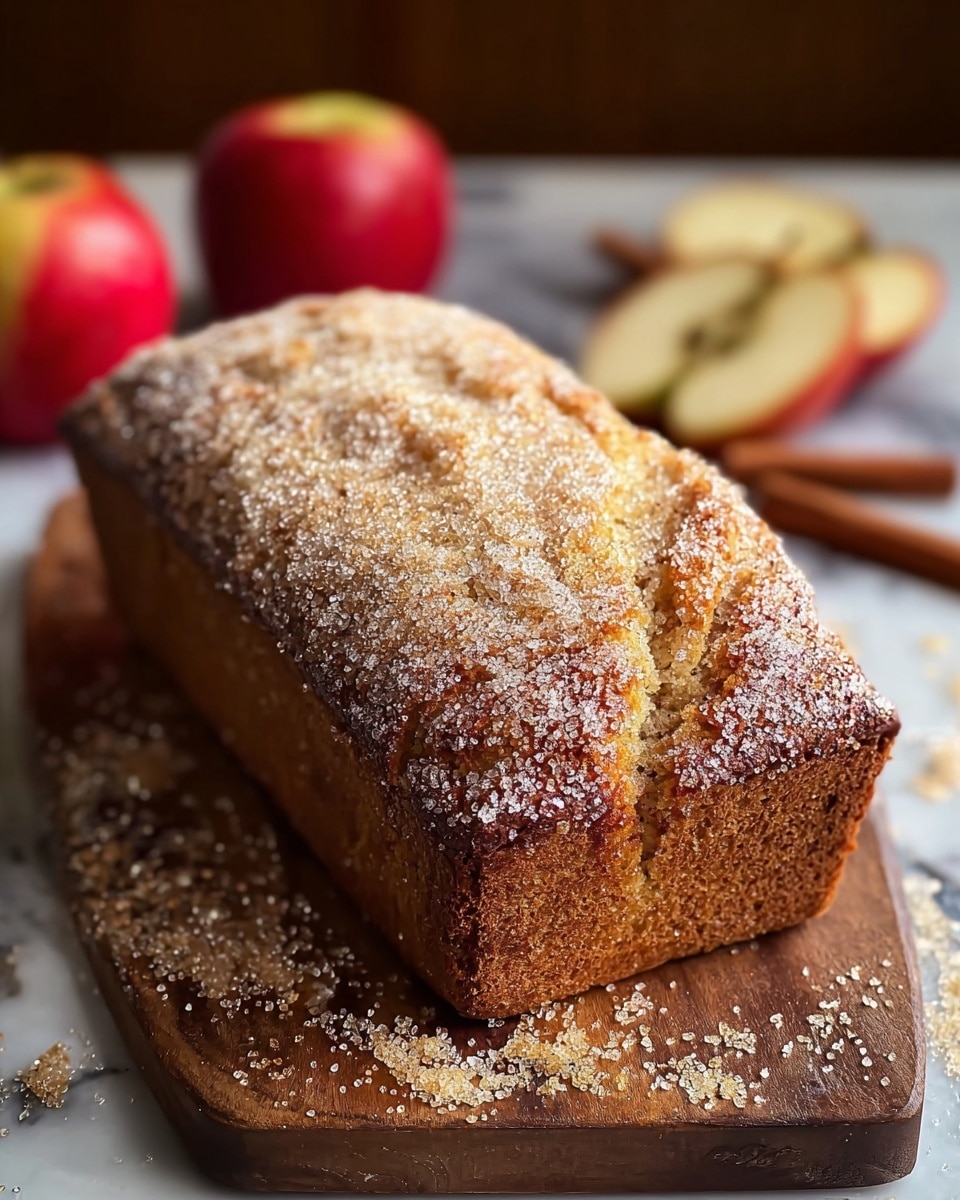A loaf of golden brown bread with a crunchy sugar topping sits on a wooden board, showing a rough and cracked crust on top and a moist, textured inside visible on the front side. The sugar crystals sparkle on the surface and around the loaf on the board. In the blurred background, two red apples and a cinnamon stick add warm tones, along with a small white bowl of butter sitting on a white marbled textured surface. The scene gives a cozy, fresh-baked feel. photo taken with an iphone --ar 4:5 --v 7