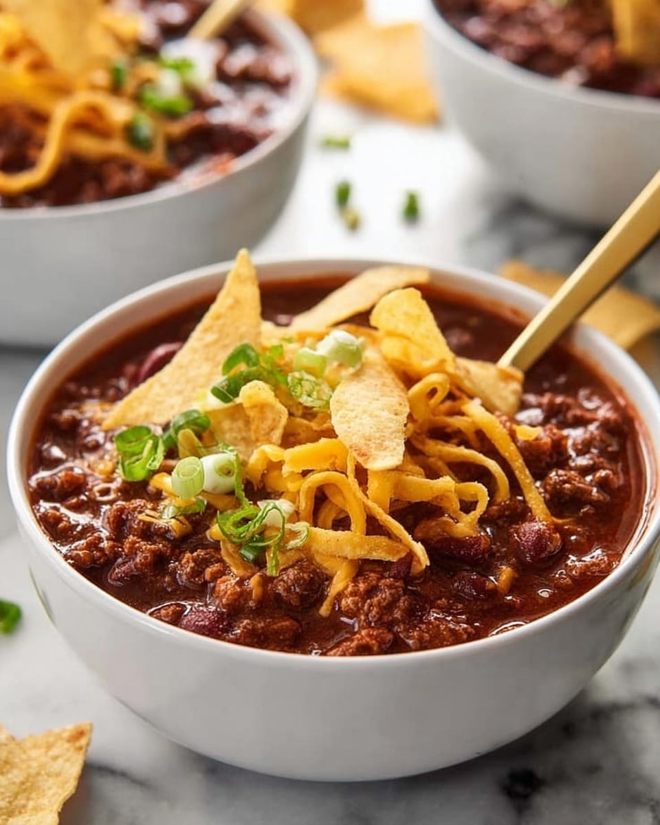 Four white bowls of chili are shown on a white marbled surface, each filled with thick, dark red chili containing ground meat and beans. The chili is topped with a layer of shredded orange cheddar cheese and light brown crispy tortilla strips. Green chopped scallions are sprinkled on top. Each bowl has a gold spoon resting on the edge or inside. There is also a small glass bowl of shredded cheddar cheese and some scattered cheese and tortilla strips on the surface, with a reddish spice powder spread near the bottom right. The photo was taken with an iphone --ar 4:5 --v 7