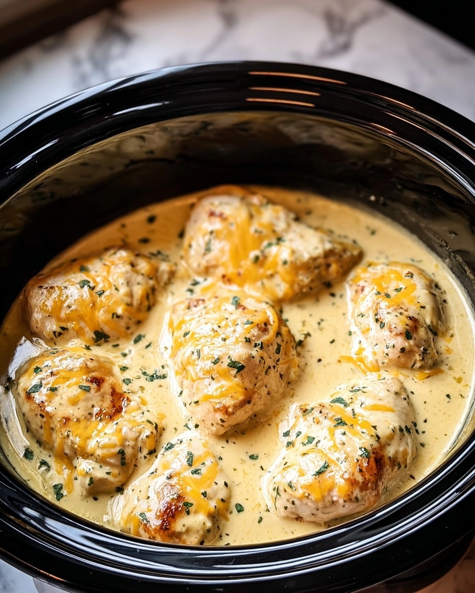 The image shows a black slow cooker filled with seven pieces of cooked chicken breasts, each coated in a thick, creamy light yellow sauce. The sauce has visible melted cheddar cheese streaks in orange and is speckled with small green herbs scattered evenly on top. The chicken pieces have a browned, seared texture beneath the sauce, giving a slightly rough contrast under the smooth cream. The slow cooker sits on a white marbled surface, and the background is softly blurred. photo taken with an iphone --ar 4:5 --v 7