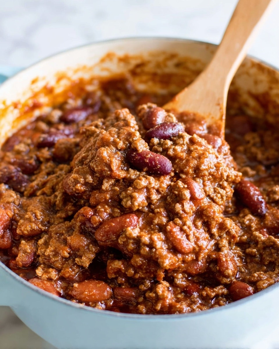 A close-up of a white bowl filled with a thick mixture of cooked ground meat and a mix of dark red and light brown beans in a rich brown sauce. A wooden spoon is partially inside the bowl, lifting some of the chunky, saucy mixture. The inside edges of the bowl have sauce marks showing the food has been stirred. The photo background is white marbled texture. photo taken with an iphone --ar 4:5 --v 7